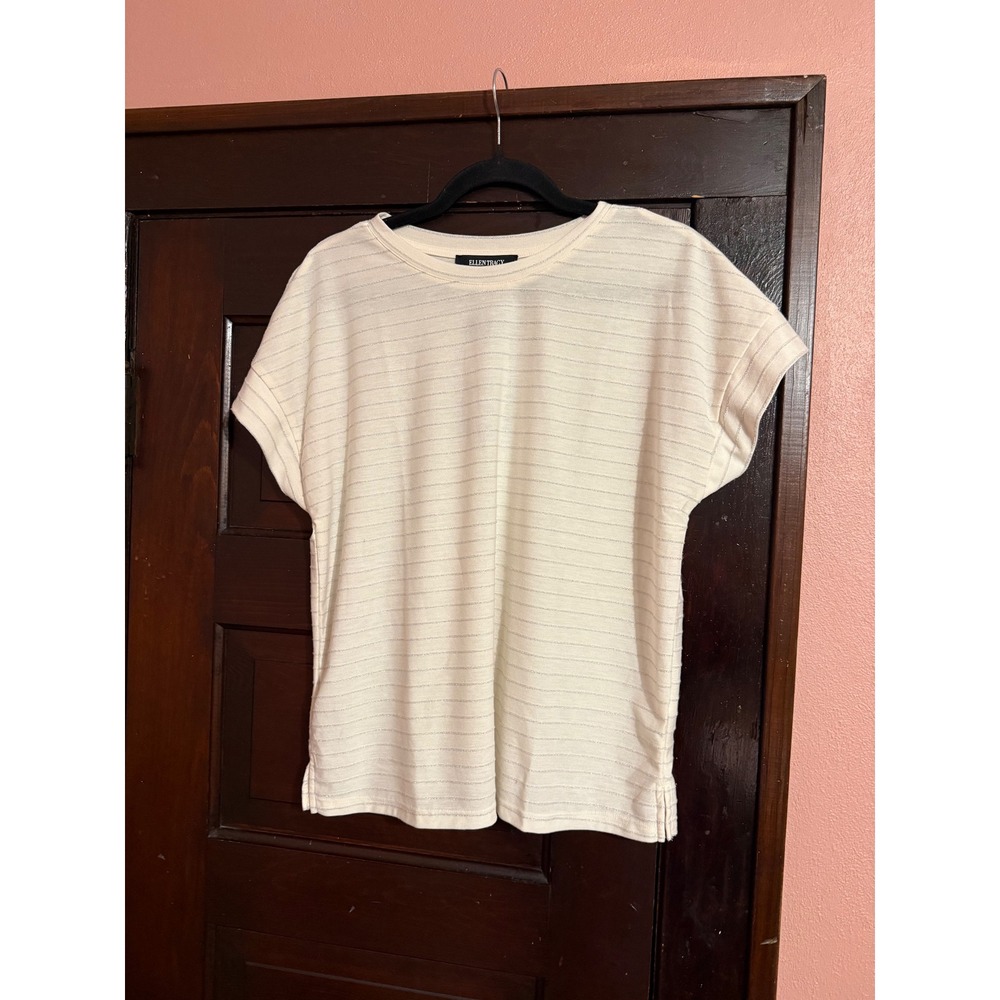 Ellen Tracy Womens Metallic Striped Crew Neck Top Cream Silver 1849311 Large